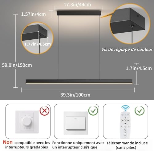 Lustre linéaire dimmable avec télécommande 3000K-6000K
