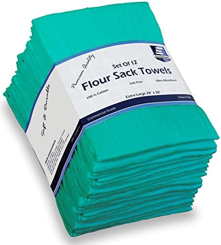 Excellent Deals Flour Sack Kitchen Towels (Teal,12 Pack) 100% Cotton,28x28 Inch Cloth Napkin, Bread Wrapper, Cheesecloth, Multi Purpose Dish Towels, Bar Extremely Absorbent & Sturdy.