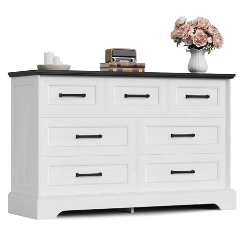 Furmax Farmhouse Dresser for Bedroom, 7 Drawers Dresser, Wood Chest of Drawers, 47.5" Wide Storage Dressers Organizer for Bedroom, Living Room, White and Black