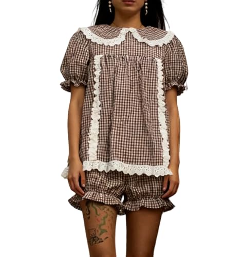 Image of ROAONOCOMO Women Floral Pajama Set Ruffle Puff Sleeve Peplum Shirt Coquette Pj Set Bow Babydoll 2 Piece Shorts Outfit