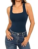 Aottori Camiseta Térmica Mujer Sin Mangas Cuello Cuadrado Básica Chaleco Invierno Ajustada Elástica Suave Punto Acanalado Top Interior Cálido Azul Marino S