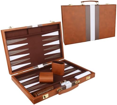 Backgammon Set - Classic Board Game with Premium Leather Case - Portable Travel Strategy Backgammon Game Set for Adults, Kids (15inch, Brown)