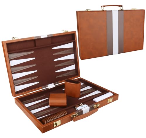 Backgammon Set - Classic Board Game with Premium Leather Case - Portable Travel Strategy Backgammon Game Set for Adults, Kids - Suitable as (15inch, Brown)