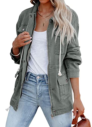 Women's Military Anorak Jacket Zip Up Snap Buttons Lightweight Safari Utility Coat Outwear With Pockets #TOP1