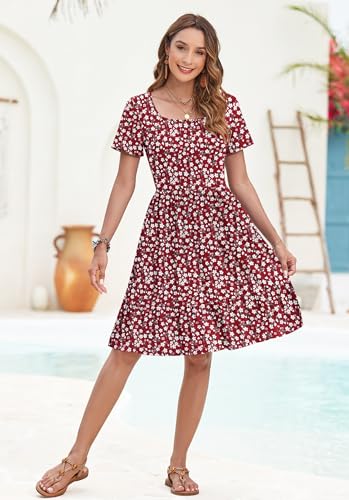 Image of AUSELILY Womens Summer Dresses 2025 Casual Short Sleeve Dress Square Neck A-Line Ruffle Sundress with Pockets