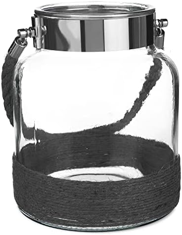 LIVIVO Stunning Vintage Glass Hurricane Candle Lantern Light Jar With Weaving Jute Rope  Perfect Indoor Outdoor Garden Decoration Living Room Home Office (Grey)