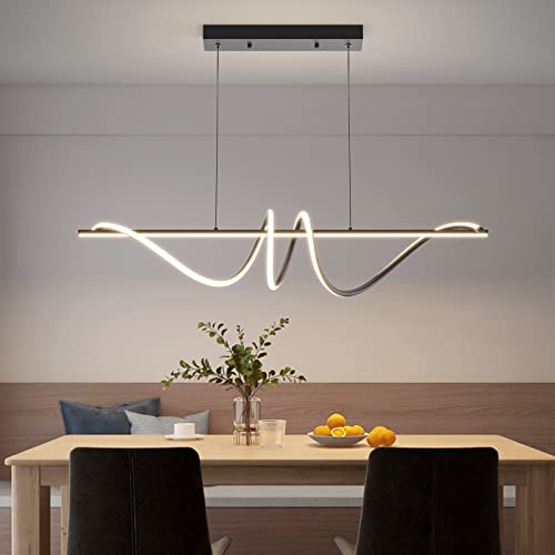 Mikeru 120cm Black Spiral LED Pendant Light, Modern Dining Table Lighting Dimmable 10% to 100% 3000k/4500k/6000k Kitchen Island Lights 1.5m Height Adjustable Chandelier for Cafes Restaurants