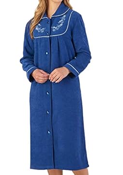 Slenderella Womens Button Up Dressing Gown Soft Boucle Fleece Embroidered Housecoat Medium (Navy)