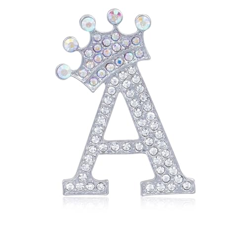 Image of Initial Letter Brooch Pins with Crown for Women Girls Men Boys Personalized Name Brooches Crafts Colorful Rhinestone Brooch Pins Silver A-Z