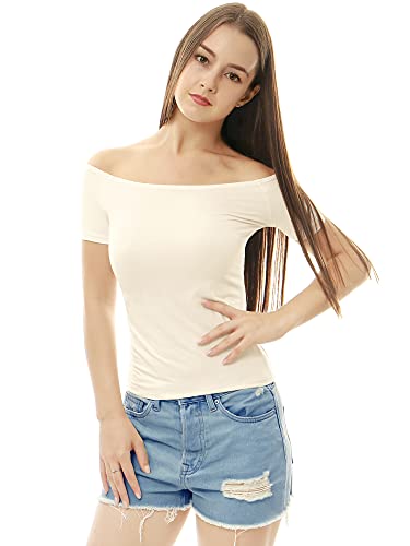 Allegra K Women's Off Shoulder Top Short Sleeve Solid Basic Slim Fit Tees Small White