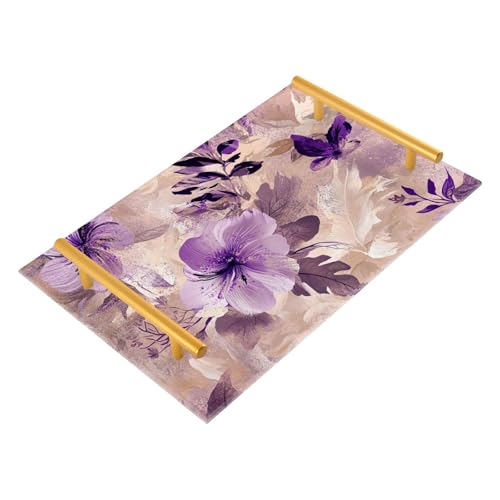Bandeja decorativa para cena con asas de flores bohemias, lavanda y beige, bandeja larga para servir joyas, perfumes, para servicio de habitación, bandejas para desayuno decorativo