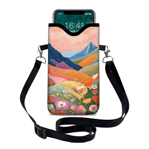 Image of Neoprene Cell Phone Sleeve Pouch Case Bag with Crossbody Strap Neck Lanyard for Women 7.1 X 3.9 in Colorful Mountains