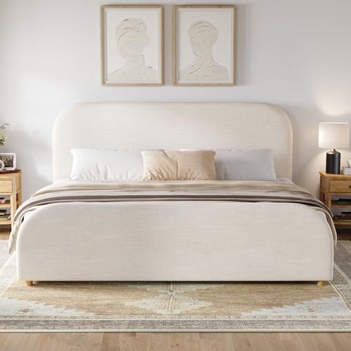 Christopher Knight Home Lanet Linen Upholstered King Size Bed Frame with Headboard Modern King Bed Frame and Headboard Wooden Slats Support Easy Assembly No Box Spring Needed Beige