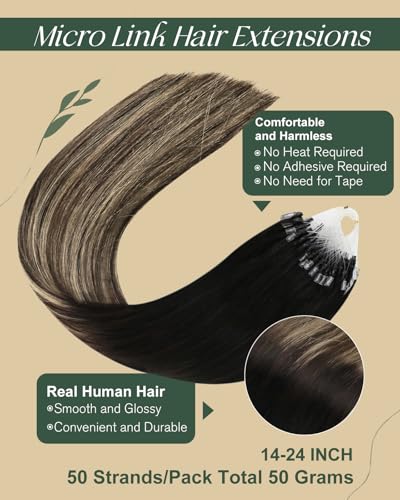 Ugeat Micro Ring Hair Extensions for Long 22 Inch Human Hair Micro Loop Extensions Natural Black to Dark Brown Mix Caramel Brown Ombre 50G/50S #1B/4/27 - Image 2