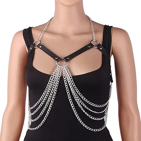 Saitedudu Women's Punk Leather Harness Body Chest Straps Chest Chain Black Layered Bra Chains Multilayer Body Chains Night Club Collar Body Accessories Sexy Jewellery Cover