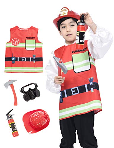 IKALI Kids Fireman Costume, Fire Chief Coats Pretend Play Outfit with Accessories (5pcs ) 4-6Y