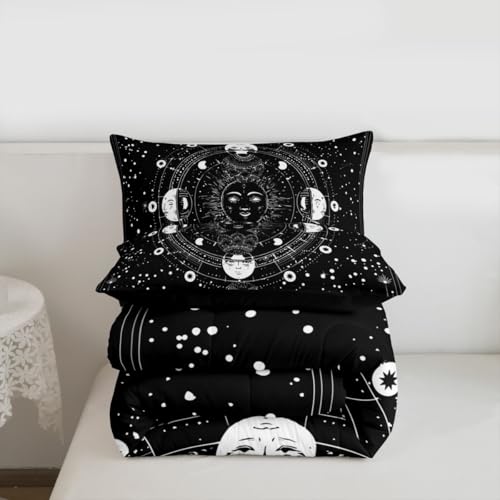 Image of Feelyou Sun Moon Comforter Queen Size Black White Psychedelic Constellation Comforter Set Boho Exotic Mandala Bedding Set Galaxy Astrology Space Duvet Set Soft Chic Mystic Star Room Decor Quilt Boys