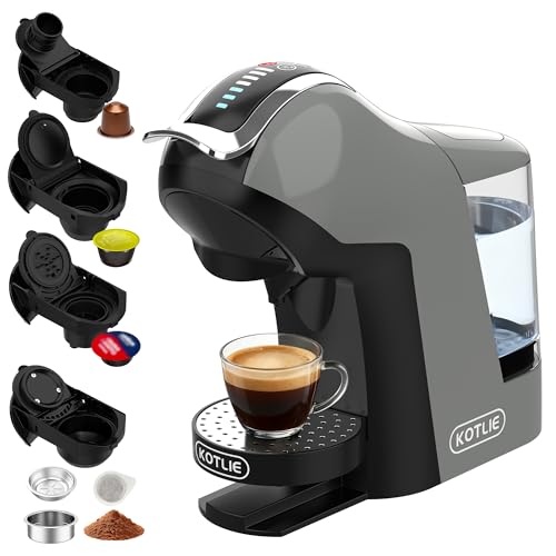 KOTLIE EM-308B Cafetera de cápsulas 5 en 1, 19 bar, para Nespresso Original/Dolce Gusto/ESE Pads(44 mm)/café en polvo, depósito de agua de 1 L, 3 temperaturas, 7 cantidades de agua, Grey