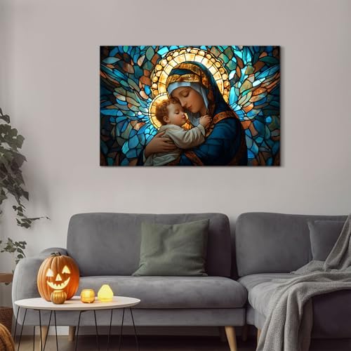 Image of Vintage Christian Canvas Wall Art Virgin Mary Embrace with Sleeping Infant Jesus Paintings Wall Decor Modern Aesthetics Posters Religious Framed Artwork for Nursery Room Bedroom Home Decoration 24x36 inch