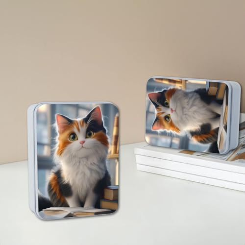 Image of Metal Tin Box with Lid,Multi-functional Storage Large Box Can Store Tea Biscuits Game Cards, Playing & Tarot Cards-Comes with 4 Magnetic Cord Clips,Calico Cat with Books
