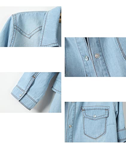 Raboolion Women's denim Crop Jeans Top Roll Up Half Sleeve Shirt Tie Knot Lapel Button Down Jacket Cardigan4