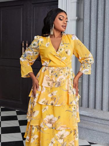 Image of Spring Summer 2024 Plus Size Womens Dresses V Neck Casual Elegant Long Sleeve Floral Print Maxi Dress