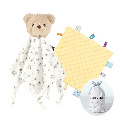 CREVENT Cozy Plush Baby Security Blanket, Soft Animal Lovey for Baby Girls and Boys, Comfort Blanket, Birthday Gift - Bear + Tag