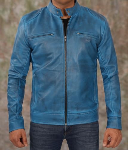 Image of fjackets Mens Leather Jacket - Real Lambskin Cafe Racer Jacket Stand Collar Moto Biker Zip Jacket For Men