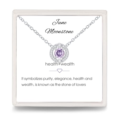 Image of Alexandrite June Birthstone Pendant Necklace: 925 Sterling Silver Purple Moonstone Birthstone Halo Round Necklaces Anniversary Wedding Birthday Gifts for Women Mom Wife Teen Girls Her Simple Jewelry
