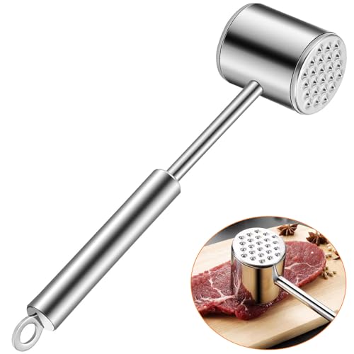Martello Carne Acciaio Inossidabile 304, Batticarne Faccia Doppia Lungo 22cm, Accessori Cucina Lavabile in Lavastoviglie, Martello Carne Professionale per Manzo, Pollo, Bistecca, Maiale(Argento)