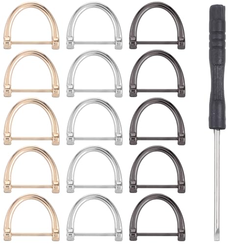 D Rings for Purse 15Pcs D Rings Screw in Shackle 3/4 inch Horseshoe Shape D Ring with Screwdriver U Shape D Ring Cats Leash Ring DIY Leather Craft Purse Keychain Accessories (Gold,Sliver,Black)