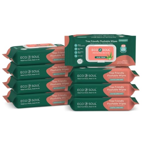 Image of ECO SOUL Bamboo Flushable Extra-Large Adult Wipes-Aloe | 8 Pack of 48 | Eco-Friendly Bamboo Compostable| 99% Purified Water, Hypoallergenic, Biodegradable Soft Wipes, BPA & Paraben free