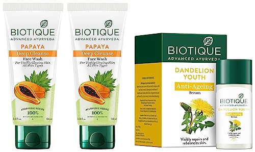 Image of Biotique Bio Dandelion Visibly Ageless Serum, 40 ml and Biotique Bio Papaya Visibly Ageless Scrub Wash, Pack of 2, 200 ml (2 x 100 ml)