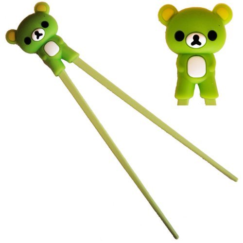 Cute Bear Plastic Chopsticks with Silicone Guide/Training Connector -Green Color