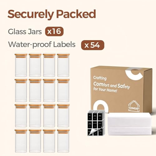ComSaf Spice Jars with Labels 8 oz 16Pack, Small Spice Containers Starter Set, Glass Seasoning Jars with Lids, Square Seasoning Containers for Salt, Pepper, Chili Powder, Sugar, Loose Tea Storage by ComSaf - Image 8