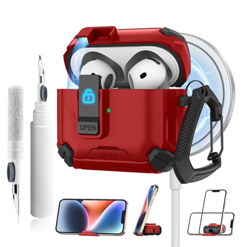 YLK Funda Compatible con AirPods 4 2024 con Kit de Limpieza, LED Frontal Visible, Funda Protectora de Silicona a Prueba de Golpes con Llavero y Cordón (zRojo)