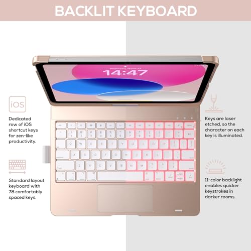 Image of typecase Touch iPad 11th 10th Generation Case with Keyboard (11 inch 2025, A16 & 10.9 inch 2022) - 360 Rotatable, 11-Color Backlit, Multi-Touch Trackpad, Pencil Holder, Thin & Light - Rose Gold