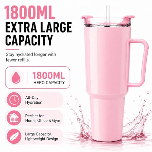 Image of 1800ML Large Plastic Tumbler with Handle & Straw | BPA-Free Reusable Water Bottle with Flip Lid | Leakproof Travel Mug for Gym, Office, College, Car, Outdoor & Daily Hydration Needs. (Pink)