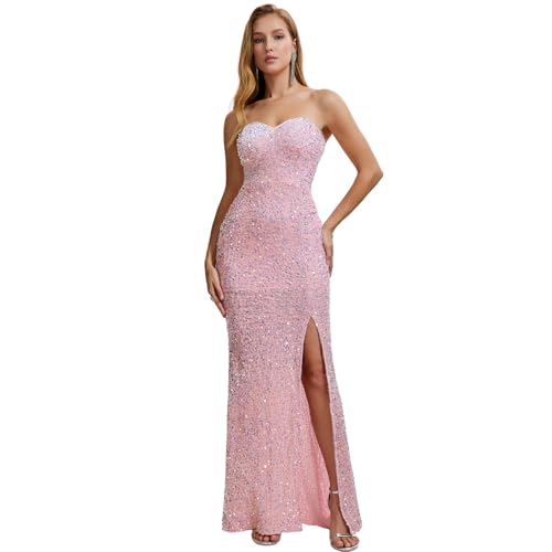Image of Velvet Sequin Formal Women's Evening Dress Strapless Front Split Prom Gown