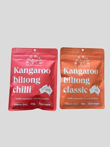 Wild Bites of Australia Kangaroo Biltong, Classic & Chilli, 75g x2 Bags, Tasty, Traditional and Spicy flavours, Healhy Meat High Protein Snack, Gluten Free, Zero Sugar, Preservative-Free, Sustainable Air Dried Steak (Mix 75g x 2)
