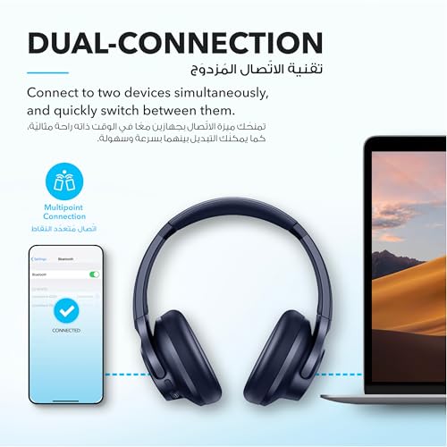 سماعات رأس ساوند كور من انكر Q20i هايبرد اكتيف بخاصية إلغاء الضوضاء، بلوتوث لاسلكي فوق الأذن، وقت تشغيل طويل 45 ساعة، صوت عالي الدقة، صوت جهير كبير، تخصيص عبر تطبيق، وضع الشفافية