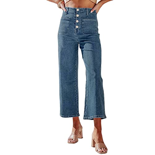 Tummy Control Cropped Wide Leg Jeans Women's High Waisted Straight Leg Ankle Loose Stretchy Capri Denim Pants