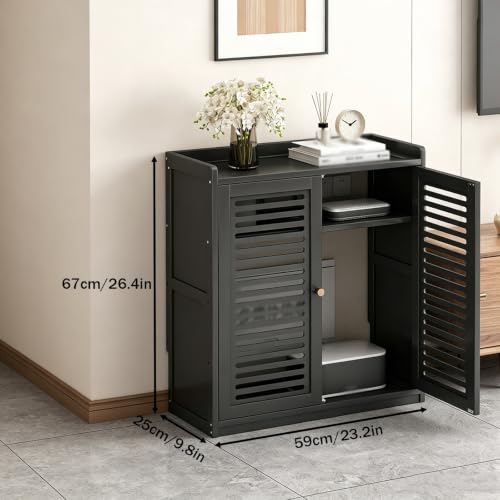 Meuble AV support multimédia marron avec tablettes réglables et portes en verre