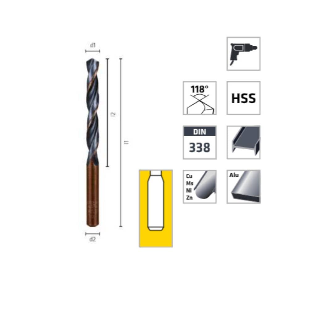 10 punte elicoidali HSS corte DIN 338 RN - Acciai 118° D. 9,5 x Lt. 125 x Lu. 81 x Q. 9,5 mm x Z2 - Diamwood