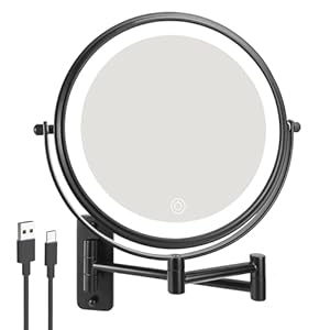 JANEEVA 8″ Wall Mounted Lighted Makeup Mirror,Rechargeable Double Sided 1X/10X Magnifying Mirror with 3 Color Lights,Touch Dimmable Bathroom Vanity Mirror with 360°Swivel Extendable Arm Matte Black