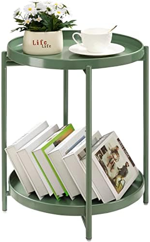 TeoKJ 2 Tier Green Side Table, Folding Round Metal End Table Small Nightstand Accent Table with Two Removable Tray for Bedroom Living Room Bedside Small Spaces Dark Green