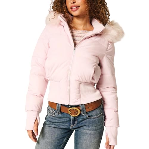 Zoziiee Womens Faux Fur Trim Hooded Jacket Winter Warm Quilted Puffer Bomber Padded Coat Utility Zipper Cropped Outwear (Pink, Medium)