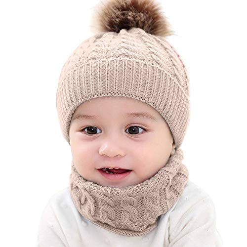 CheChury Cappello A Maglia Bimbo Neonata Cappellino con Sciarpa Set 2Pcs Cappelli Bambina Ragazzo Sciarpa Berretto A Maglia con PomPom Unisex 0-24 Mesi,Beige,Taglia unica