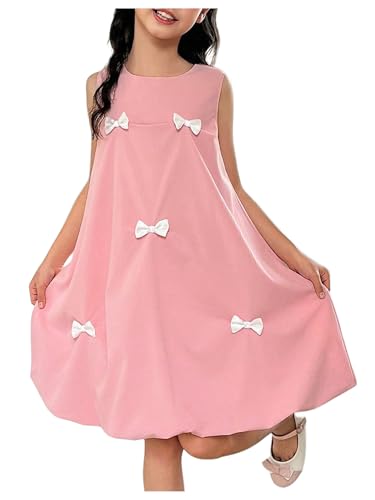 OYOANGLE Girl's Cute Bow Bubble Dress Sleeveless Crew Neck Ruched A Line Short Tank Dresses