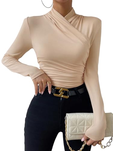 Image of SweatyRocks Women's Ruched Mock Neck Long Sleeve T Shirt Solid Slim Fitted Tee Tops